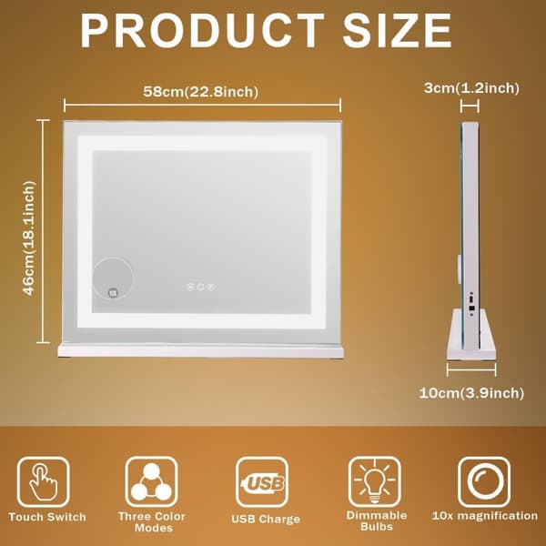 FENCHILIN Hollywood Makeup Spejl med Belysning Minimalistisk Light Strip Spejl med Lamper Bordplade Vægbeslag Hvid 58 x 46cm
