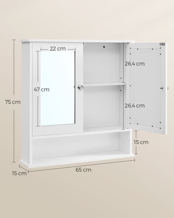 Rootz White Mirror Cabinet - Underdel - Förvaringsenhet - MDF-konstruktion - Rymlig interiör - Enkel montering - 15cm x 65cm x 75cm
