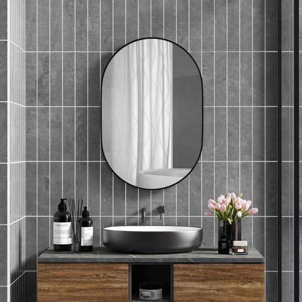 Rootz badeværelsesspejl - Elegant ovalt spejl - Stilfuldt makeupspejl - Holdbar aluminiumsramme - Splintbeskyttelse - 60L x 90W x 3H cm - Sort