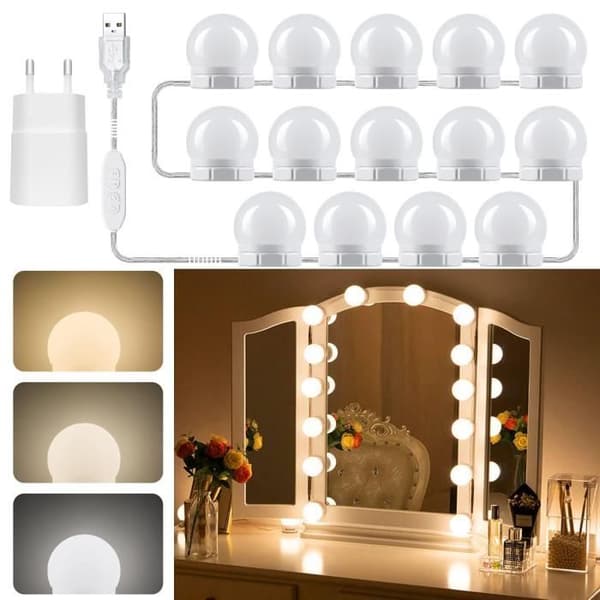 Spegelljussats med 14 lampor med adapter, justerbar USB-kabel, dimbar Hollywood LED-spegel
