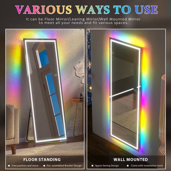 FENCHILIN lutningsbar Golvspegel Stor sminkspegel med belysning RGB-belysning metallmaterial Väggmonterbar Vit 160 x 65cm