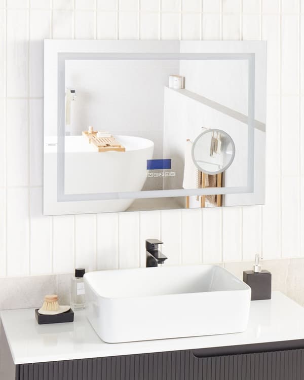 Baderomsspeil med LED-lampe Rektangulært 60 x 80 cm Glamour med Bluetooth-høyttalerforstørrelse Moderne Minimalistisk