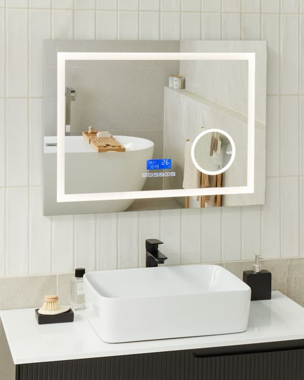 Baderomsspeil med LED-lampe Rektangulært 60 x 80 cm Glamour med Bluetooth-høyttalerforstørrelse Moderne Minimalistisk