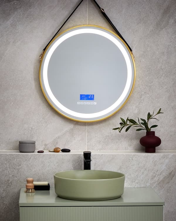 Baderomsspeil med LED-belysning, Rund 60 x 60 cm Glamour med Bluetooth-høyttaler