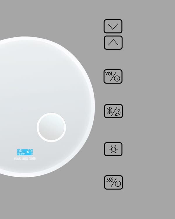 Peili hopea alumiini lasi PVC ⌀ 80 cm pyöreä Bluetooth-kaiuttimella LED-valolla diginäytöllä seinälle kylpyhuoneen