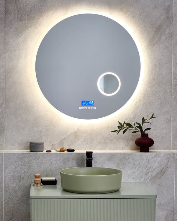 Peili hopea alumiini lasi PVC ⌀ 80 cm pyöreä Bluetooth-kaiuttimella LED-valolla diginäytöllä seinälle kylpyhuoneen