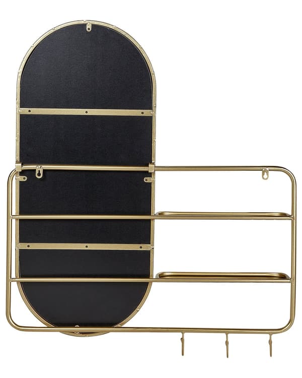 Väggspegel med Krokar och Hyllor Guld 72 x 80 cm Oval Form Hängande Spegel Halldekoration