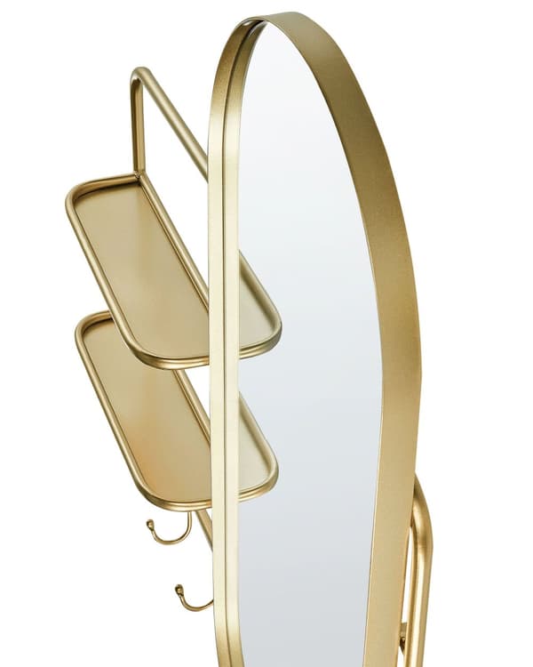 Væghængt spejl med kroge og hylder guld metalramme 72 x 80 cm oval form hængende moderne design