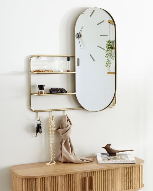 Væghængt spejl med kroge og hylder guld metalramme 72 x 80 cm oval form hængende moderne design