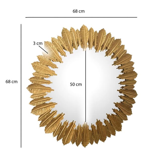 Rootz rund vægspejl - Dekorativt spejl - Fjerramme - Håndlavet design - 68cm x 68cm x 3cm - Guld - Glas og jern - 50cm Diameter