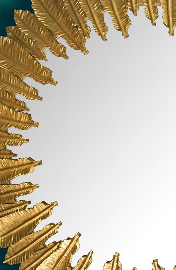 Rootz rund vægspejl - Dekorativt spejl - Fjerramme - Håndlavet design - 68cm x 68cm x 3cm - Guld - Glas og jern - 50cm Diameter
