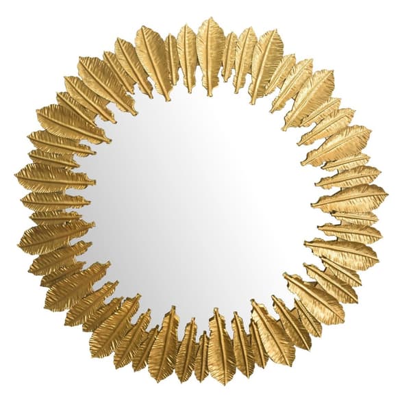 Rootzin pyöreä seinäpeili - koristepeili - höyhenkehys - käsintehty muotoilu - 68 cm x 68 cm x 3 cm - kulta - lasi ja rauta - halkaisija 50 cm