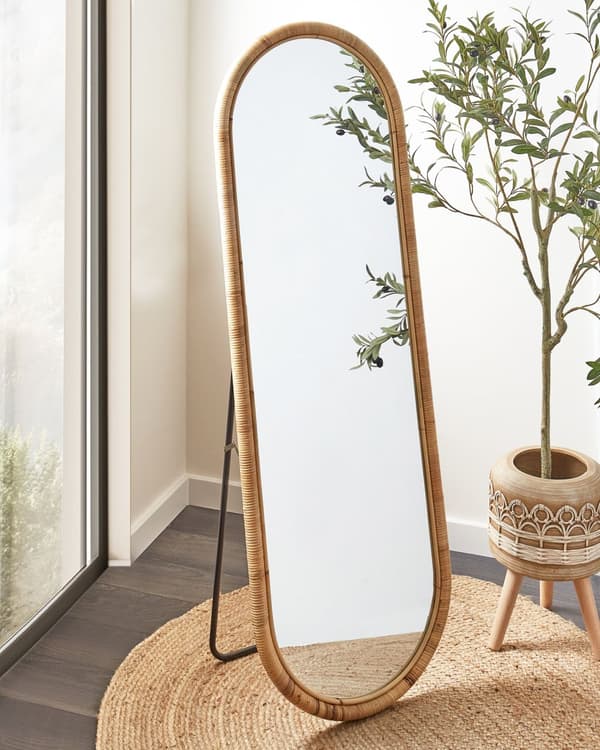 Stående spejl naturligt rattan glas 150 x 50 cm oval form moderne stue stil boho soveværelse