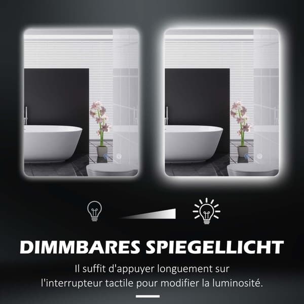 Rootz LED badeværelsessminkespejl - Vægmonteret makeupspejl - Oplyst spejl - Anti-dug - Touch Switch - 70 cm x 50 cm x 3 cm
