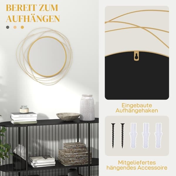Rootz Rundt spejl Vægdekor - Dekorativt spejl - Metalrammespejl - Tykt glas - Nem montering - Guld - Ø65cm x 1cm