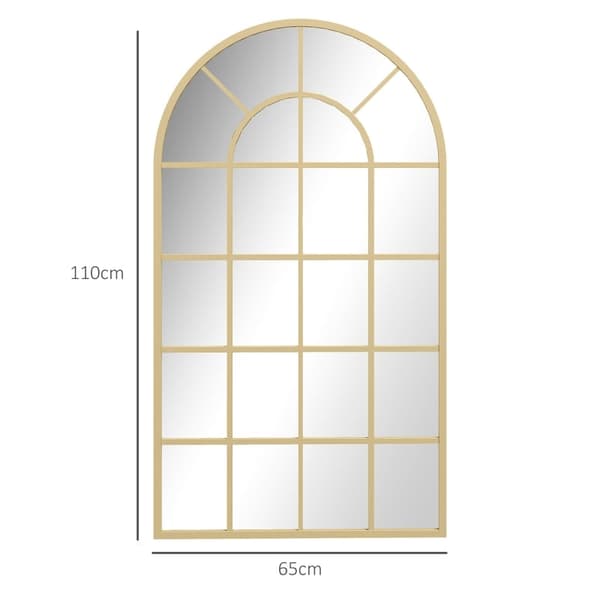 Rootz Guldpläterad väggspegel - Dekorativ kapselspegel - välvd fönsterram - Visuell förstoring - Krosssäkert glas - 65 cm x 2,5 cm x 110 cm