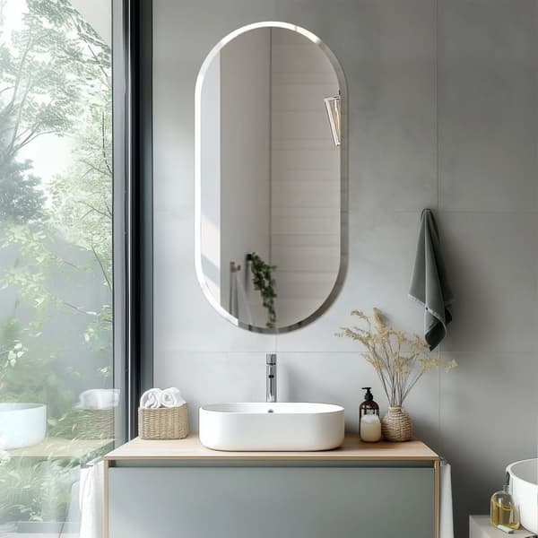 Oval rammefri badeværelsesspejl, holdbart glas, minimalistisk stil,48X24 tommer