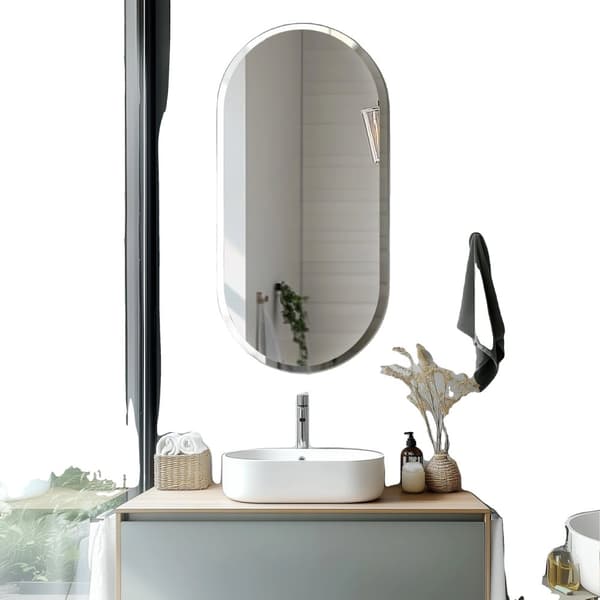 Oval rammefri badeværelsesspejl, holdbart glas, minimalistisk stil,48X24 tommer
