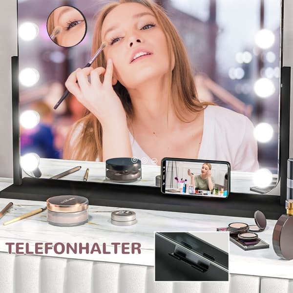 Rootz LED Hollywood Makeup Mirror - Sminkspegel - Sminkspegel - Bordsspegel - 14 LED-lampor - Justerbar ljusstyrka - Mobiltelefonhållare - USB-port -