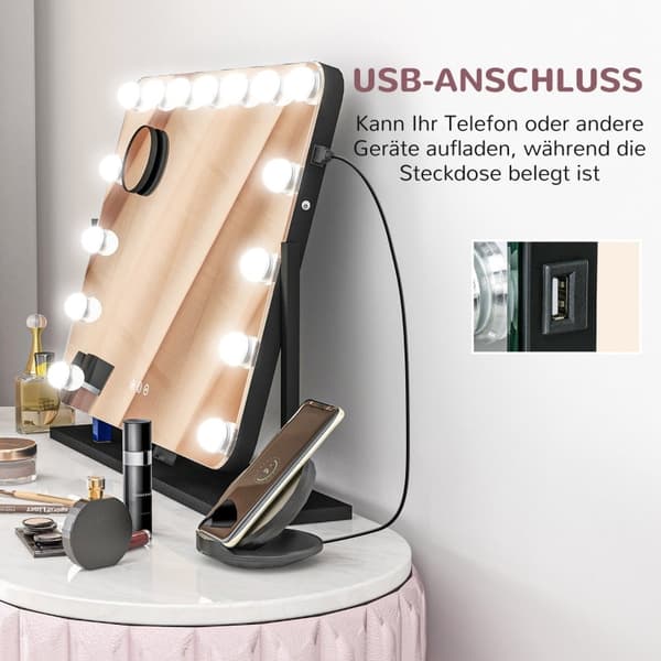 Rootz LED Hollywood Makeup Mirror - Sminkspegel - Sminkspegel - Bordsspegel - 14 LED-lampor - Justerbar ljusstyrka - Mobiltelefonhållare - USB-port -