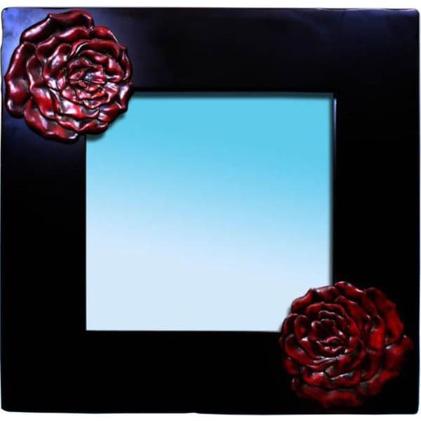 Hængende spejl i sort ramme med røde rosemotiver 60x60 cm