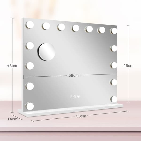 Rootz LED -meikkipeili - Kosmeettinen meikkipeili - Valaistu peili - 15 himmennettävää polttimoa - USB-portti - 58cm x 48cm x 14cm