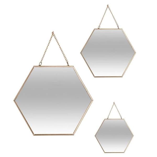 Set med 3 sexkantiga speglar - Metall - Guld