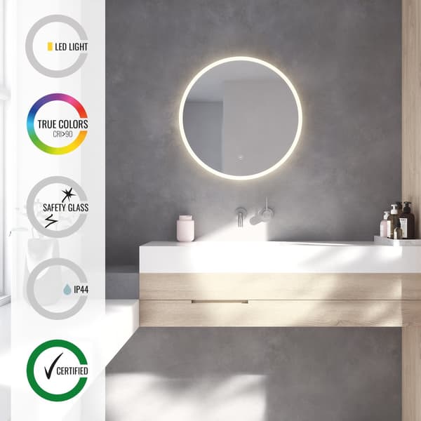 Loevschall Atlas badrumsspegel med LED-belysning, rund spegel, badrumsspegel med front- och bakgrundsbelysning, dimbar, Ra-värde 90+.