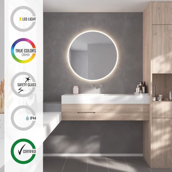 Loevschall Atlas badrumsspegel med LED-belysning, rund spegel, badrumsspegel med front- och bakgrundsbelysning, dimbar, Ra-värde 90+.