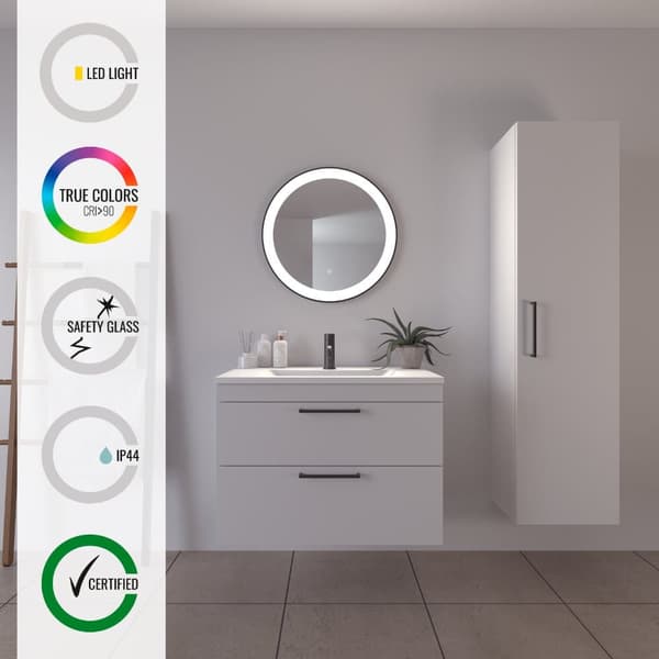 Loevschall Libra badeværelsesspejl med LED-lys, touch-funktion, rundt spejl, sort ramme, 5 cm LED-lysfelt, dæmpbar lysstyrke, CRI-værdi 90+