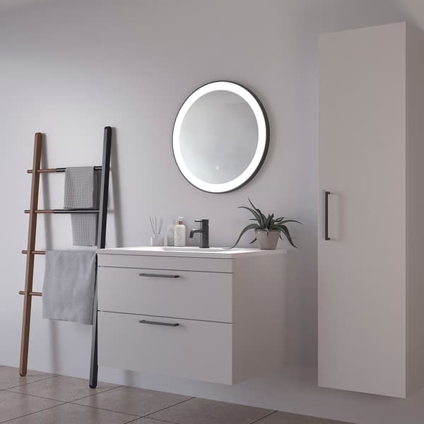 Loevschall Libra badeværelsesspejl med LED-lys, touch-funktion, rundt spejl, sort ramme, 5 cm LED-lysfelt, dæmpbar lysstyrke, CRI-værdi 90+