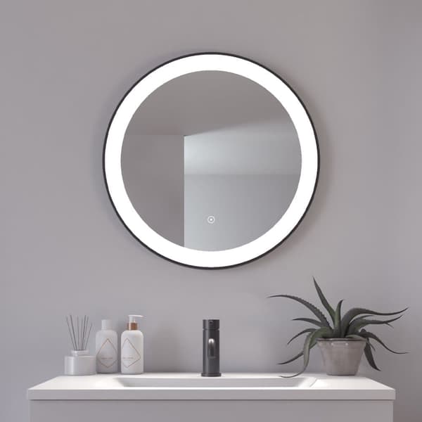 Loevschall Libra badeværelsesspejl med LED-lys, touch-funktion, rundt spejl, sort ramme, 5 cm LED-lysfelt, dæmpbar lysstyrke, CRI-værdi 90+