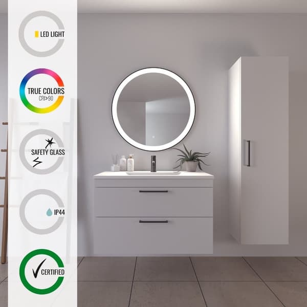 Loevschall Libra badeværelsesspejl med LED-lys, touch-funktion, rundt spejl, sort ramme, 5 cm LED-lysfelt, dæmpbar lysstyrke, CRI-værdi 90+