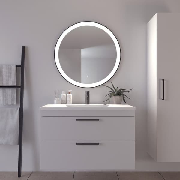 Loevschall Libra badeværelsesspejl med LED-lys, touch-funktion, rundt spejl, sort ramme, 5 cm LED-lysfelt, dæmpbar lysstyrke, CRI-værdi 90+ Ø 80 cm.