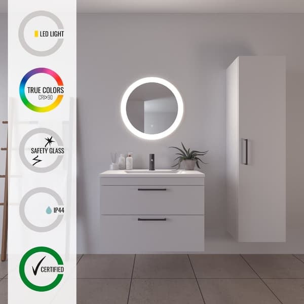 Loevschall Vega badrumsspegel med LED-ljus, rund spegel, spegel med front- och bakgrundsbelysning, dimbar touch-funktion, Ra-värde 90