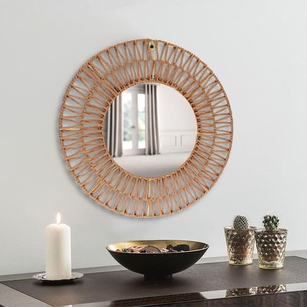 Vävd spegel i grå pappersram, rund boho, 45 cm