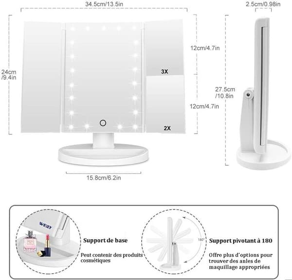 Ljusmakeup Spegel - LED Spegel - 21 LED och Förstoring 1X/ 2X/ 3X/ 10X, Vit, Touchknapp - 3-sidig Spegel