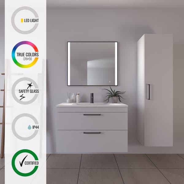 Loevschall Libra badrumsspegel med LED-ljus, touch-funktion, fyrkantig spegel, svart ram, 2 ljusfält framtill, dimbar ljusstyrka, Ra-värde 90+