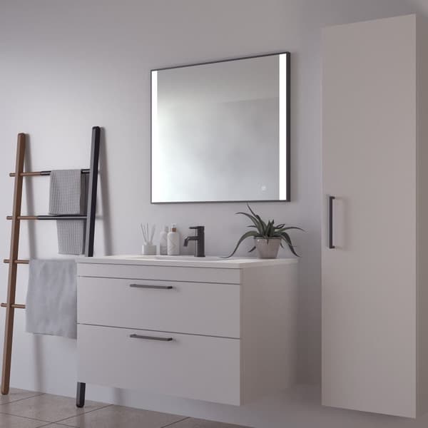 Loevschall Libra badrumsspegel med LED-ljus, touch-funktion, fyrkantig spegel, svart ram, 2 ljusfält framtill, dimbar ljusstyrka, Ra-värde 90+