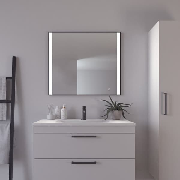 Loevschall Libra badrumsspegel med LED-ljus, touch-funktion, fyrkantig spegel, svart ram, 2 ljusfält framtill, dimbar ljusstyrka, Ra-värde 90+
