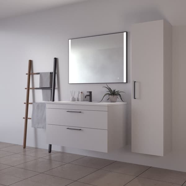 Loevschall Libra badrumsspegel med LED-ljus, touch-funktion, fyrkantig spegel, svart ram, 2 ljusfält framtill, dimbar ljusstyrka, Ra-värde 90+