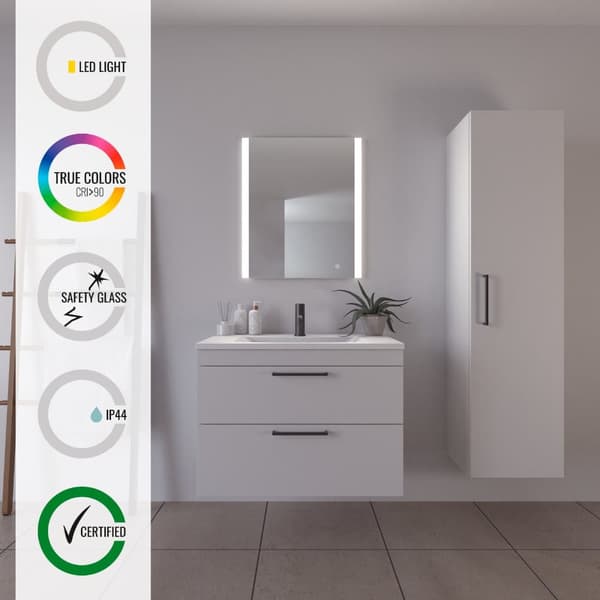 Loevschall Vega badrumsspegel med LED-ljus, fyrkantig spegel, 2 ljusfält framtill, touch-funktion, dimbar ljusstyrka, Ra-värde 90
