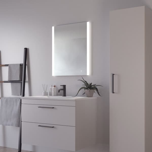 Loevschall Vega badrumsspegel med LED-ljus, fyrkantig spegel, 2 ljusfält framtill, touch-funktion, dimbar ljusstyrka, Ra-värde 90