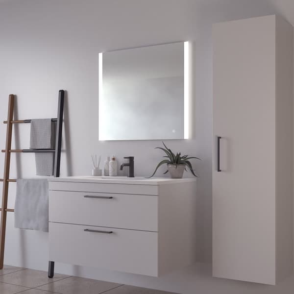 Loevschall Vega badrumsspegel med LED-ljus, fyrkantig spegel, 2 ljusfält framtill, touch-funktion, dimbar ljusstyrka, Ra-värde 90