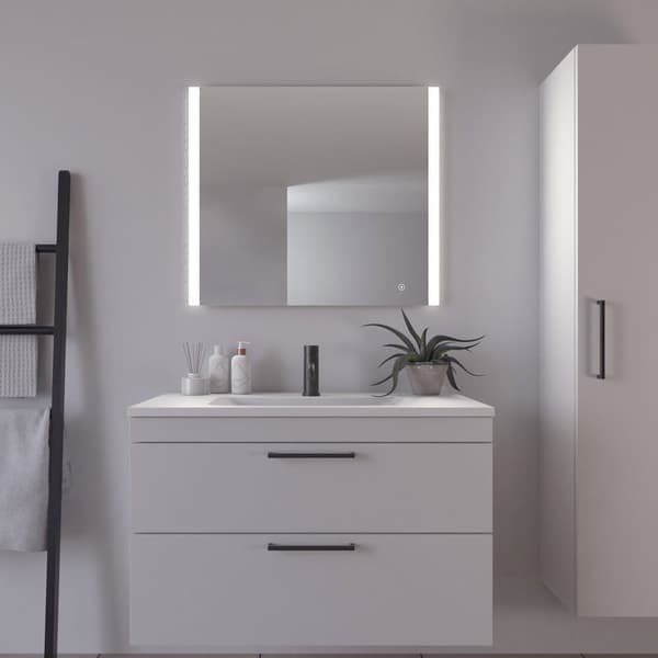 Loevschall Vega badrumsspegel med LED-ljus, fyrkantig spegel, 2 ljusfält framtill, touch-funktion, dimbar ljusstyrka, Ra-värde 90