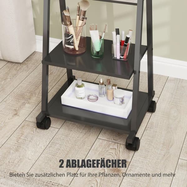 Rootz Rolling täyspitkä peili - seisova peili - mobiili peili - kaksi hyllyä ja pyörää - 42L x 37W x 155H CM - Musta