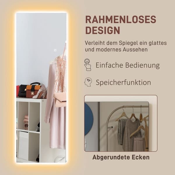 Rootz Fuld længde LED -spejl - dæmpbar - rammeløs - berøringskontrol - Forbedre værelse - 40 cm x 120 cm