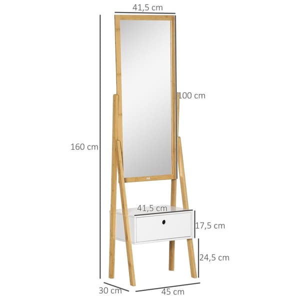 Rootz Fritstående spejl med skuffe - Dressing Mirror - Opbevaringsspejl - Bambus MDF - 45L x 30W x 160H cm