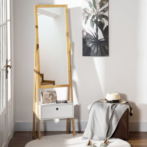 Rootz Fritstående spejl med skuffe - Dressing Mirror - Opbevaringsspejl - Bambus MDF - 45L x 30W x 160H cm