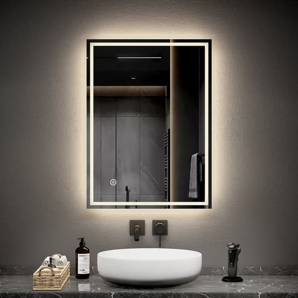 EMKE LED Badeværelsesspejl, 80x60 cm, 3000K/4000K/6500K, Dæmpbar, Justerbar lysstyrke, Anti-Dug, Touch-kontakt, Hukommelsesfunktion, Vandret/Verti